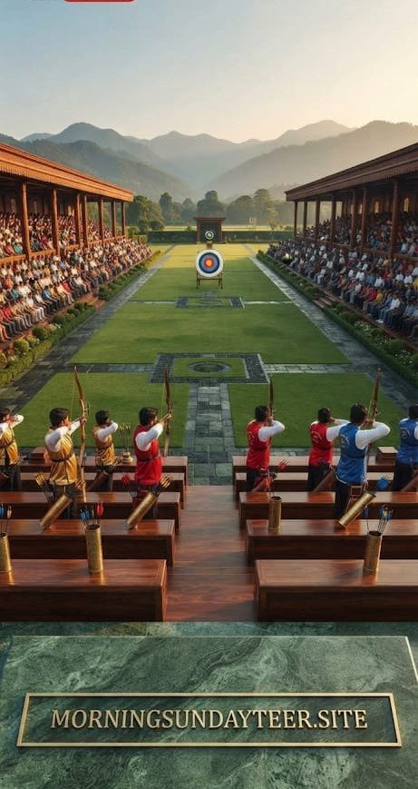Archers lined up at a Shillong Teer archery ground with spectators and the target in the distance